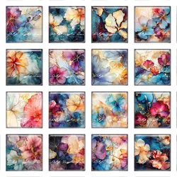 10pcs/lots Square Photo Glass Cabochon Charms Ink Flower Demo Flat Back Cameo For Diy Jewelry Making Accessories