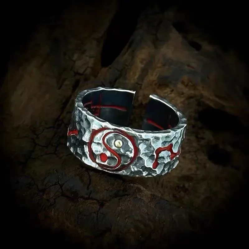 Retro Tai Chi Gossip Ring Trendy Personality Creative Sense Hammer Pattern Epoxy Index Finger Ring Simple Cold Wind Open Ring