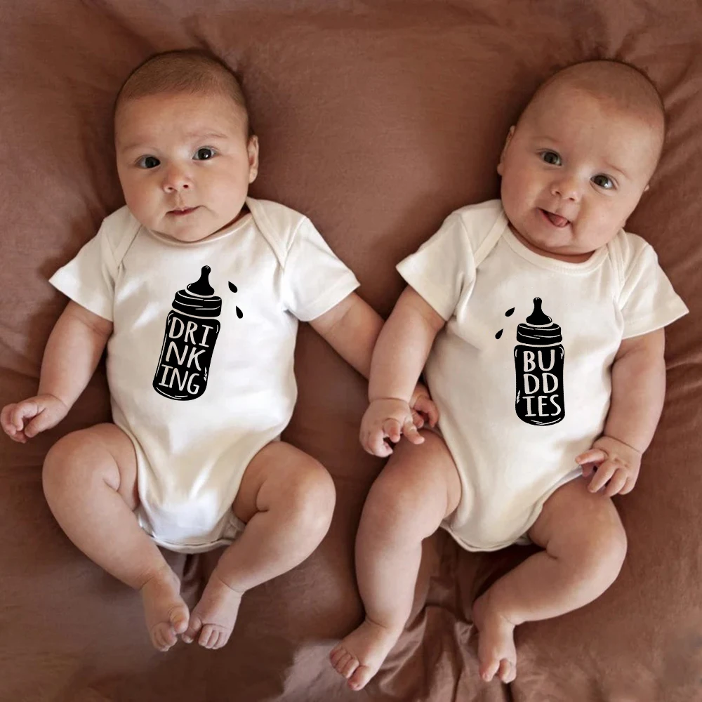 Funny Cute Twin Baby Boys Girl Onesies Drinking Buddies Print Cotton Newborn Clothes Pajamas Cozy Breathable Toddler Outfits