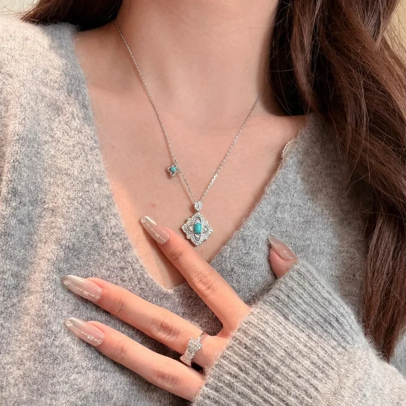 

Серебро 925, ажурное кружевное ожерелье с бирюзовым цветком, изысканное полое элегантное синее ожерелье на воротнике, ювелирные изделия для помолвки, подарки