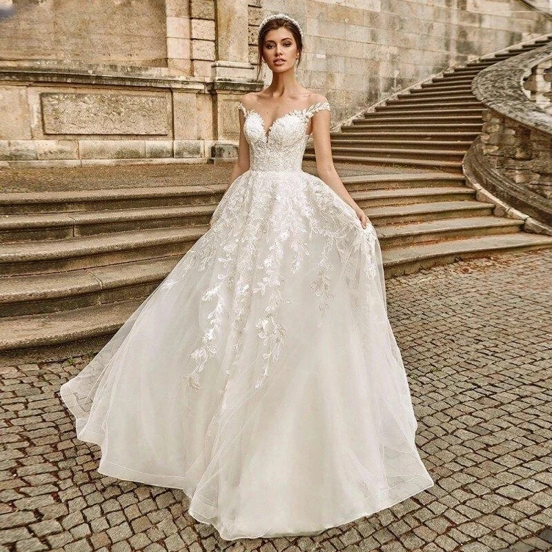 Robe de mariée trapèze en tulle pour femme, robes élégantes, robes vintage, appliques en dentelle, beau, éducatif, 2024