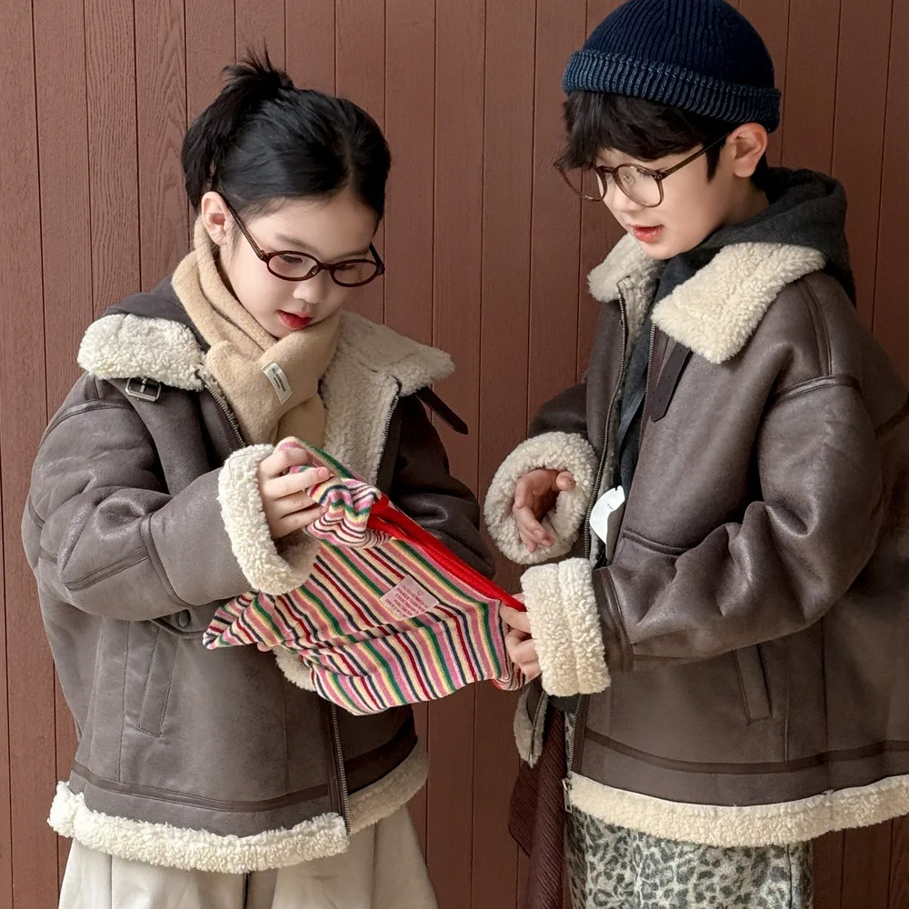 

Children Girls Leather Jackets Winter Integrated Turn Down Collar Kids Baby Girls Outerwear Thicken Warm Toddler Little Boy Coat