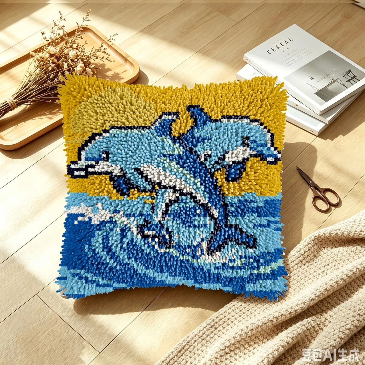 1 Set Jumping Dolphins Knoten-Kissen-Set mit Häkelnadel, Kissenbezug-Set für Handarbeiten, Häkelnadel-Sets, DIY, anfängerfreundlich, Emb – Detail 2