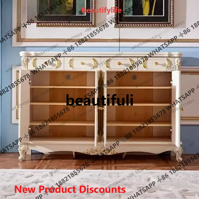 Z10European shoe cabinet white solid wood carving flower gold four door shoe cabinet foyer porch living room large