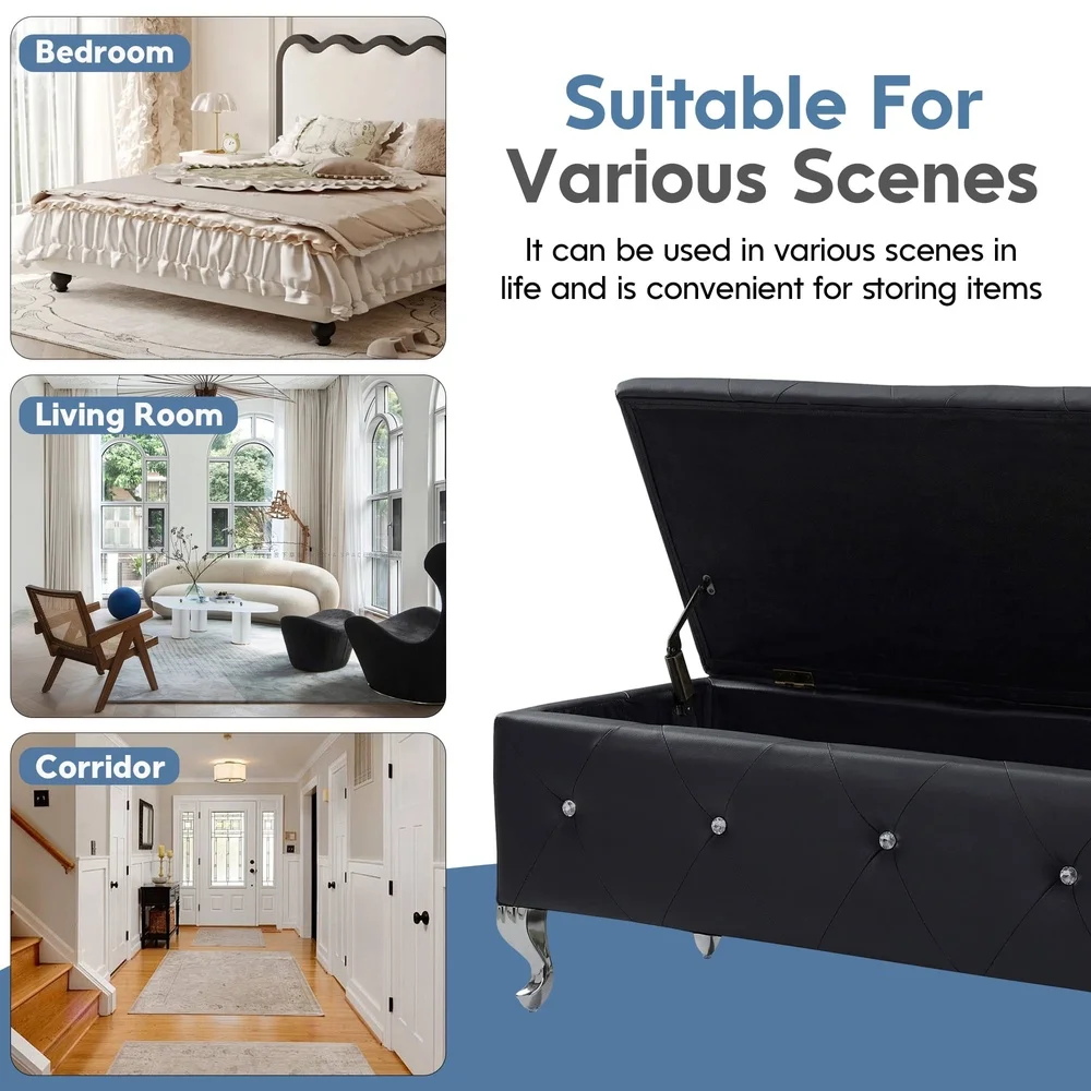 Versatile Storage Ottoman Bench with Crystal Buttons Bedroom Living Room Entryway Stylish Upholstered Footrest Easy Assembly