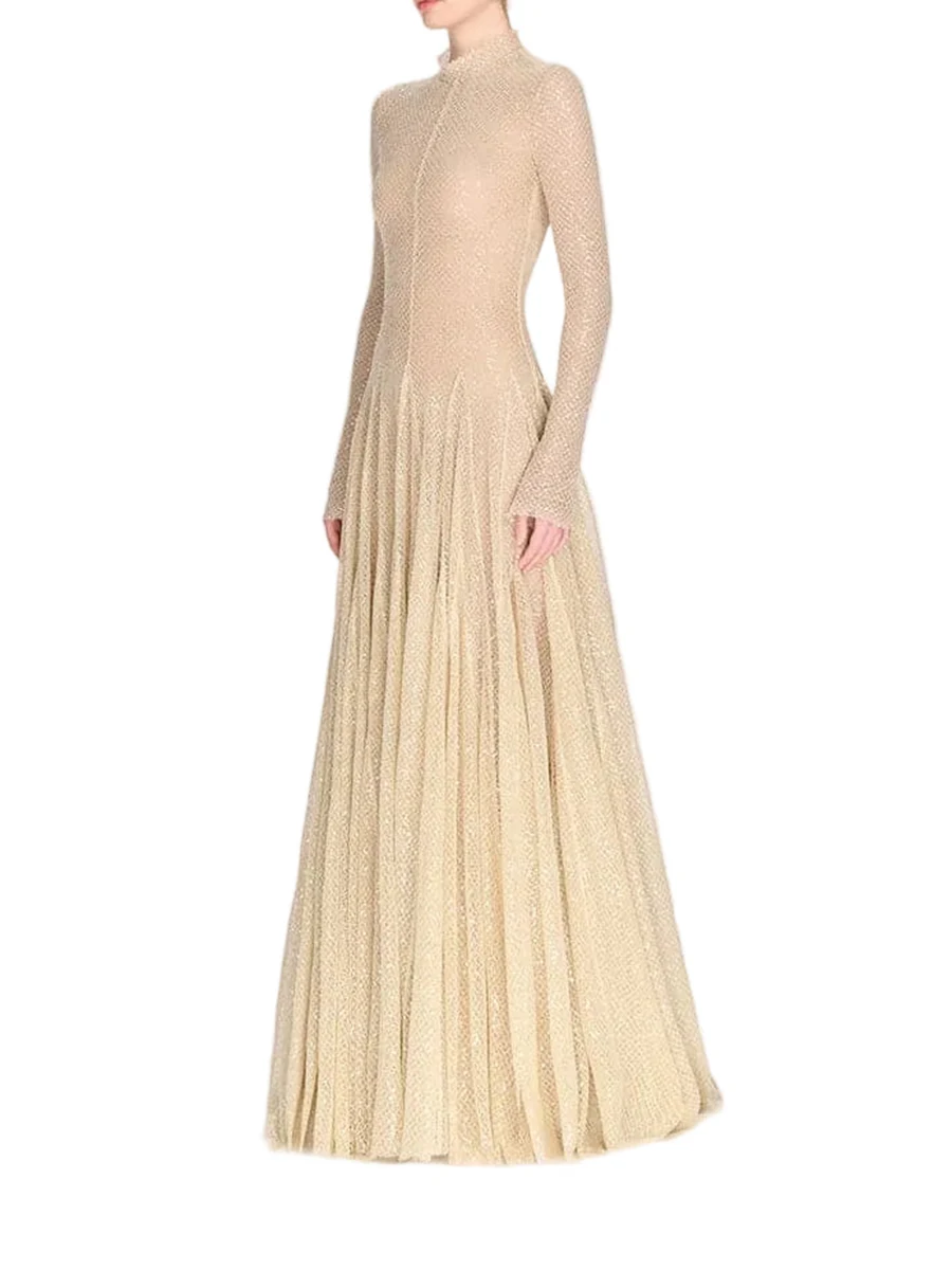 TWOTWINSTYLE Solid Spliced Sequins Slimming Maxi Dress for Women High Neck Long Sleeve Patchwork Zipper Dresses Female Elegant