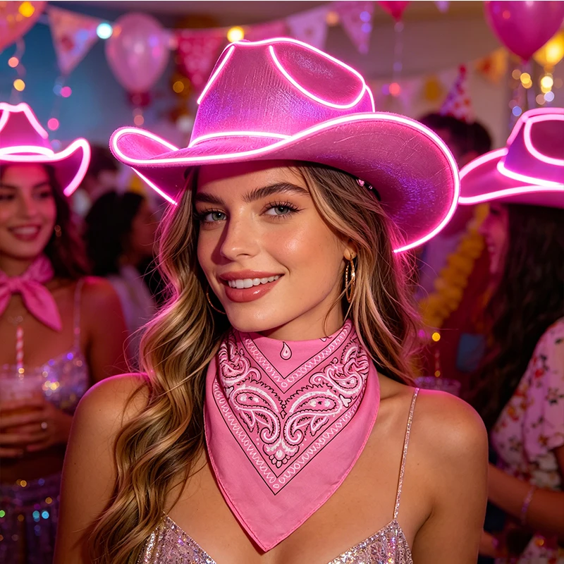 1Set Fashion EL Neon Light Cowgirl Hat with Square Scarf LED Glow Pink Cowboy Hat for Bachelorette Wedding Women Party Supplies view 2