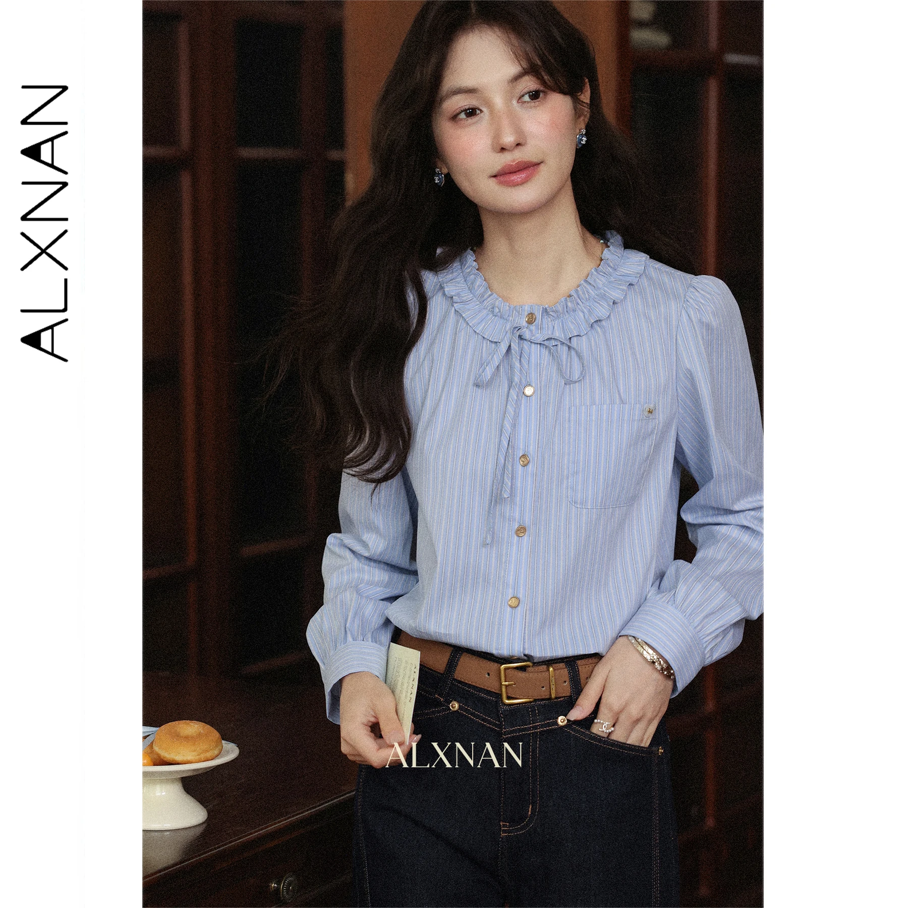 ALXNAN Blue Striped Shirt Lace Collar Long Sleeve Cotton Women's Shirts 2025 Autumn Casual Office Lady Fashion Top Ladies L57037