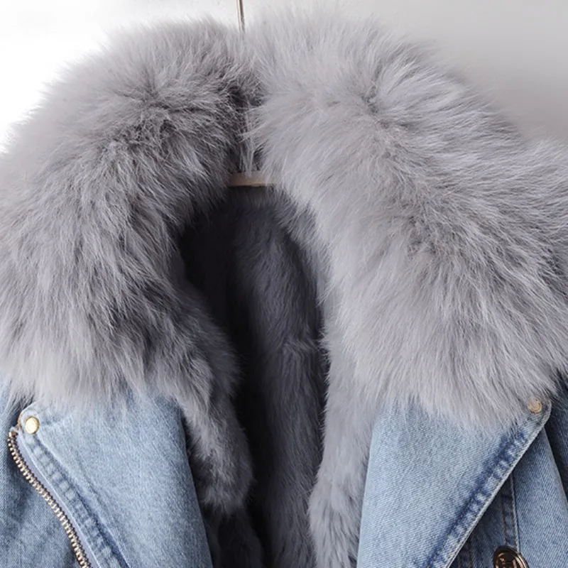 Winter Thickened Women\'s Jeans Jacket Fox Fur Collar Removable Casual Denim Jacket Coat Blue Women Clothing Short Racer Jacket