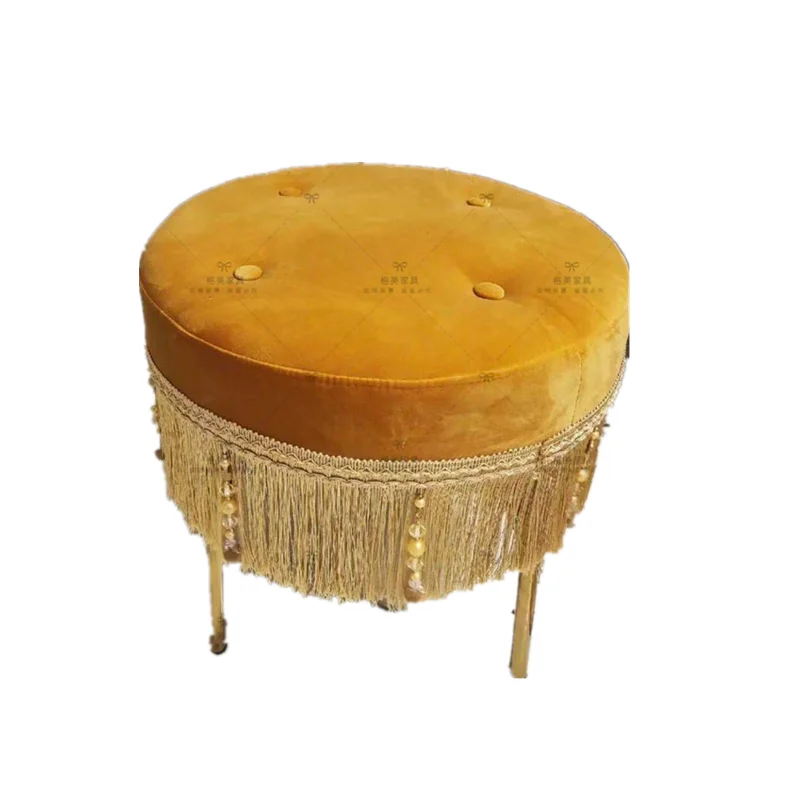 

Neoclassical bright yellow stainless steel pull button designer dresser stool retro cloakroom single round stool fringed chair