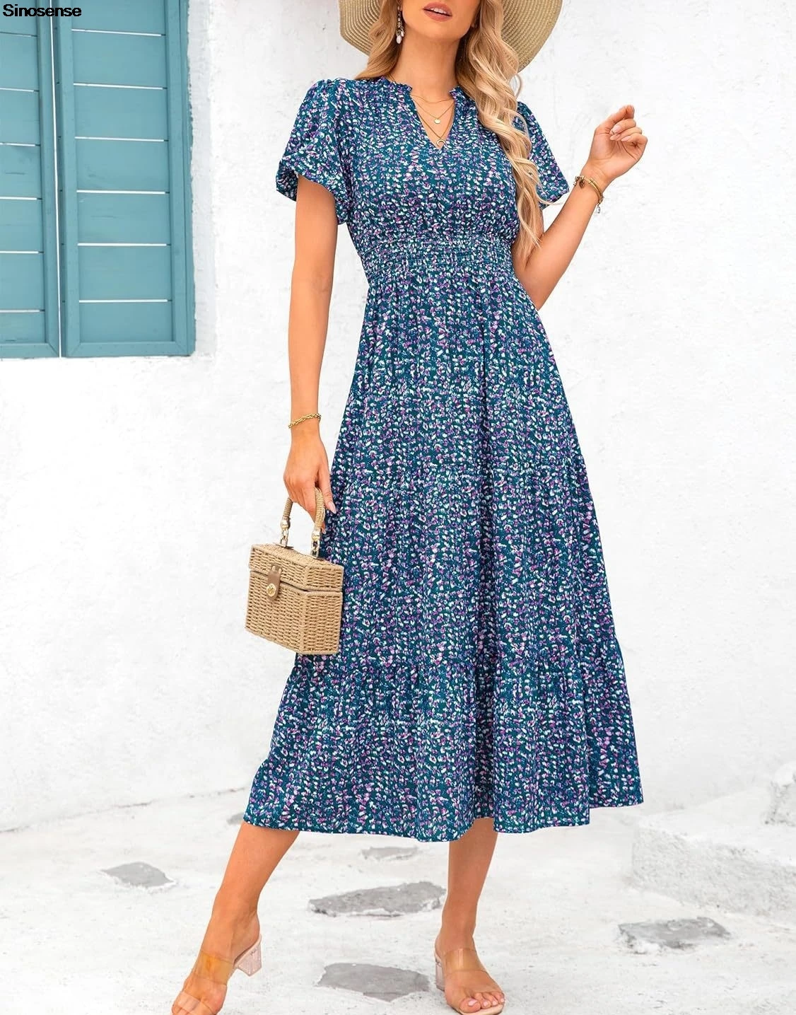 Frauen Blumen Sommer Maxi kleid sexy V-Ausschnitt Puff Kurzarm Smocked Rüschen Flowy Casual Sommer Strand Boho Urlaub langes Kleid