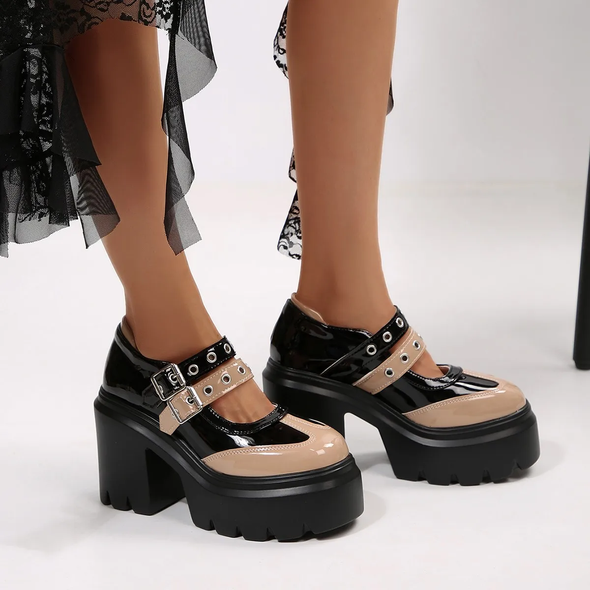 Mary Jane sponge cake shoes spring versatile high heels women's thick heels waterproof platform color blocked single shoes