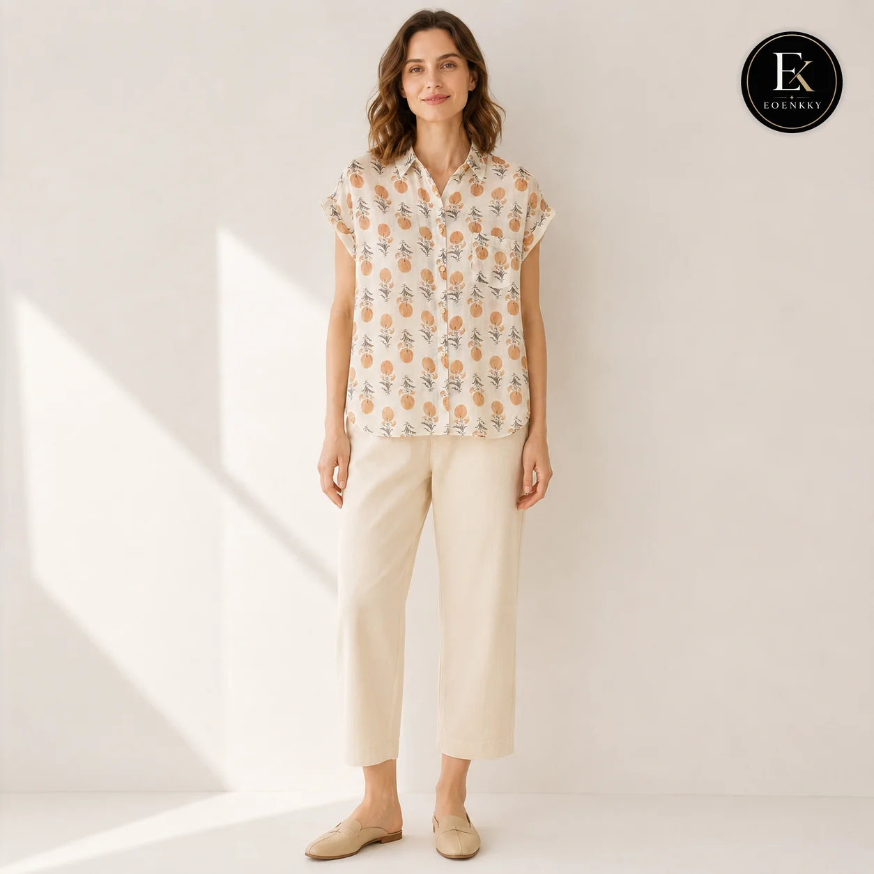 EOENKKY Women's Cotton Linen Floral Print Button Down Shirt Summer Cap Sleeve Loose Casual Blouse with Pocket