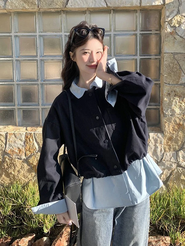 

plus Size 300 Pou Fat MM Patchwork Fake Two-Piece Workwear Jaet Women Autumn Winter Casual Student Jaet Versatile Top