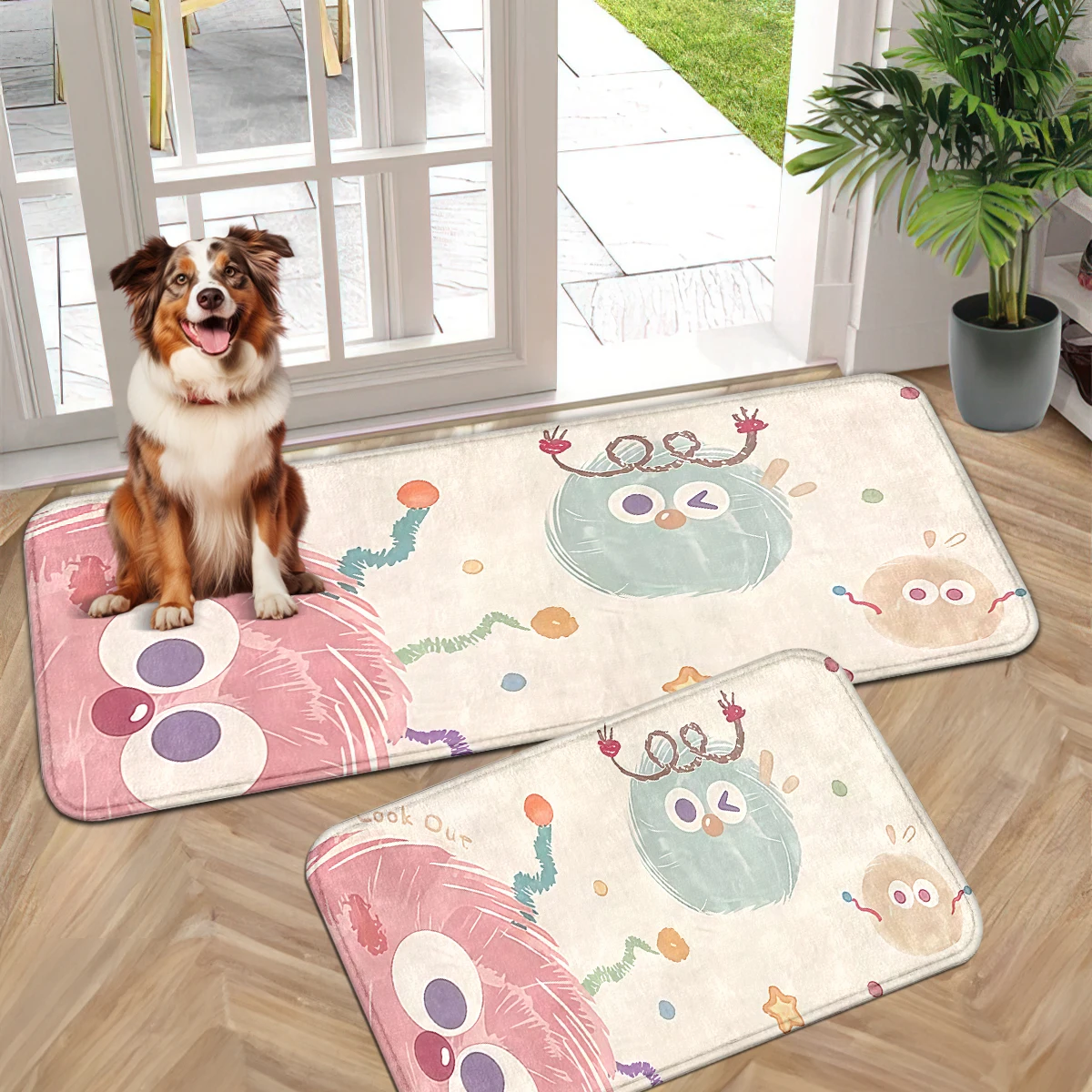 Pink Owl Color Dot Mat, Black White Cow Spot Door Mat, Realistic Cow Head Runner, Sunflower Rooster Oil Painting Mat Set.
