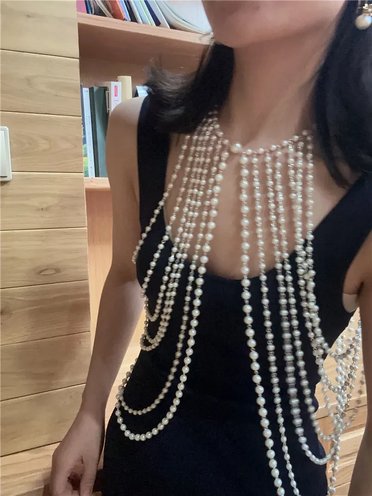 Necklace Women's Handmade Beaded White Pearl Metal Decorations Multi-Layer Dress Wedding Dress Decoration Chain Shooting Props