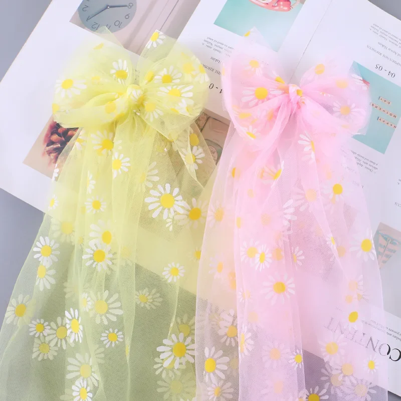 5Yards 6cm 12cm Tulle Daisy Ribbon Roll DIY Handmade Craft Hair Ornament Baking Cherry Blossoms Printed Mesh Fabric Supplies