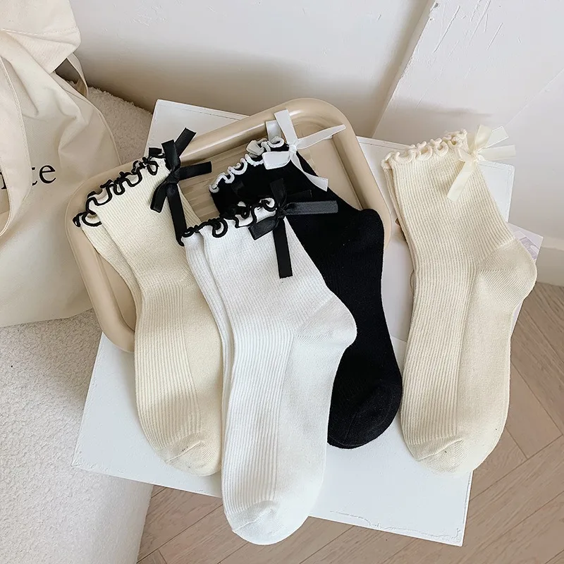 Japanese JK Sweet Bowknot Tied Middle Tube Socks Women Heel Bow Casual Black White Pile Socks Girls Sports Cotton Socks