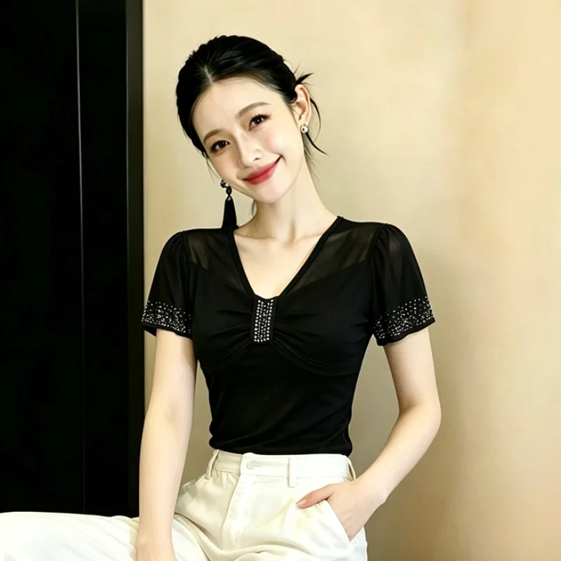 Summer Women's Fashion Design Diamond Embedded Bell Sleeve Short Sleeve Slimming Top Trendy T-shirt Daily Wear Universal Fit