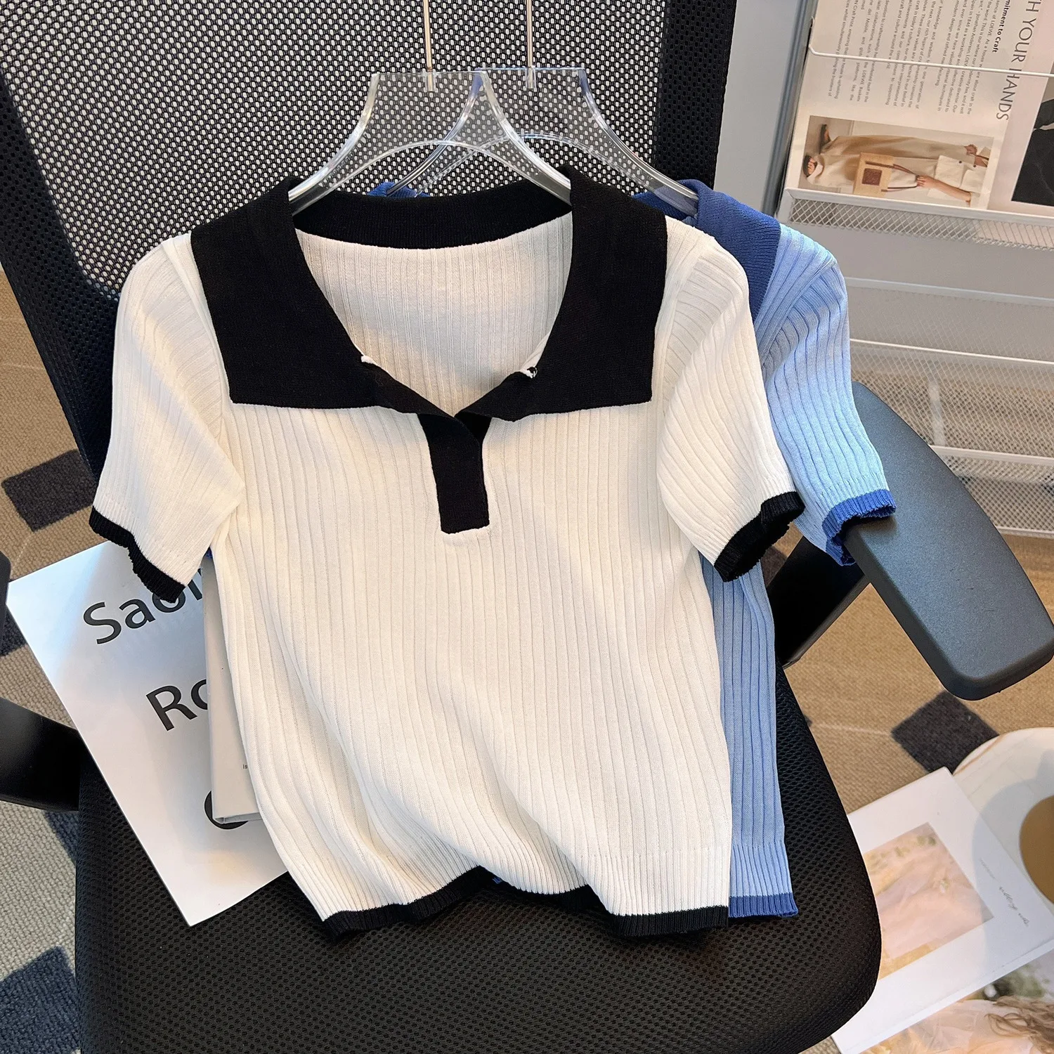 Summer New Simplicity Patchwork Knitting Turn-down Collar Short Sleeve T-Shirt Female All-match Pullover Slim Women Clothes Tops