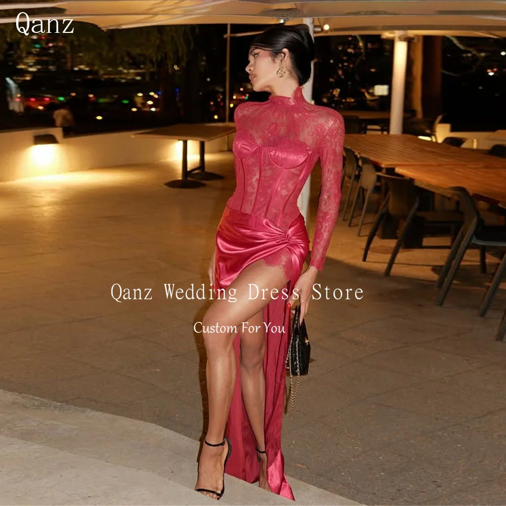 

Qanz Sexy Red Prom Dress High Neck Lng Sleeves Lace Appliques Robes De Soirée High Leg Slit Vestidos De Boda De Lujo Customized