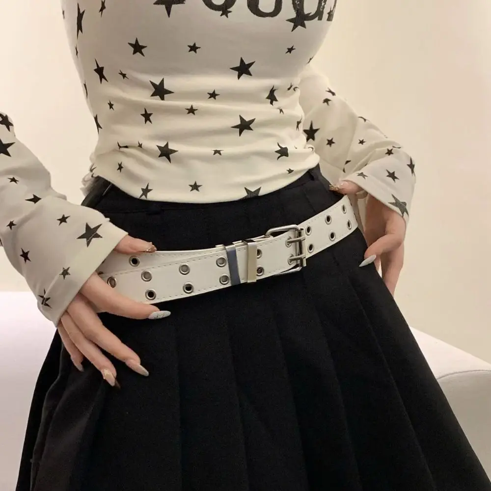New PU Leather Punk Belt Adjustable Solid Double Row Belt Metal Buckle Women's Belt Daily Outfits