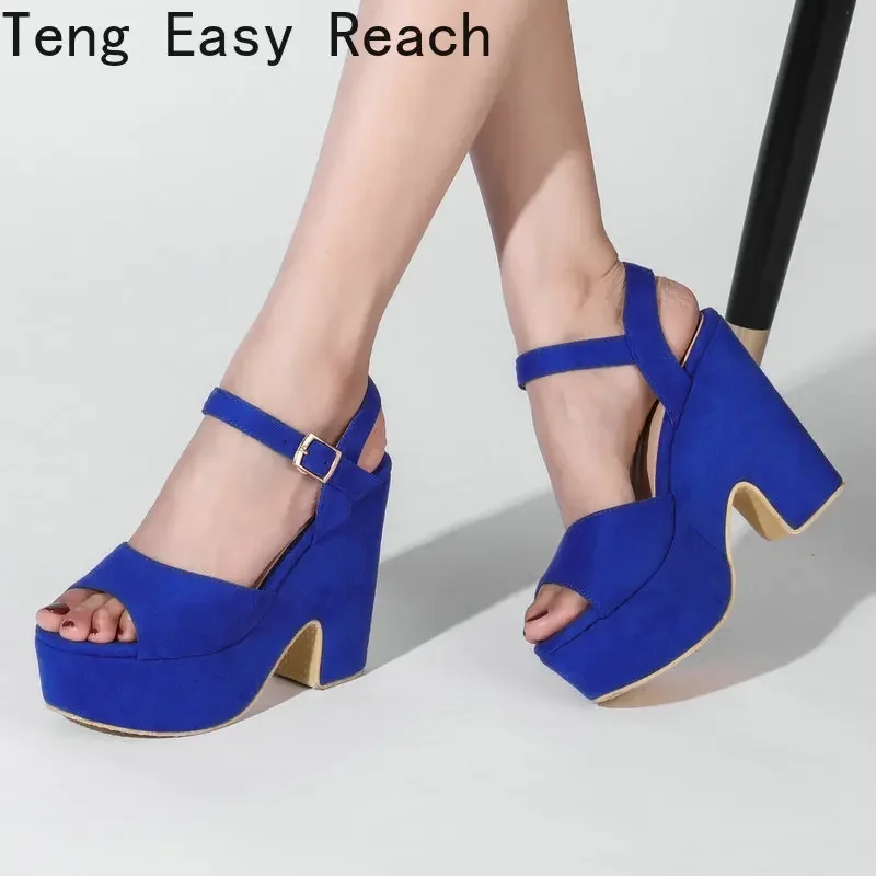 2024 Chic Summer Flock Blue Red Open Toe Platform Chunky High Heels Woman Shoes Buckle Strap Women Sandals Big Size 43