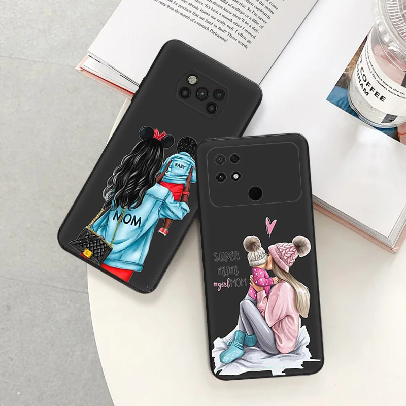 Phone Case For Xiaomi Poco C40 M5 M4 M3 C50 C51 X5 X3 X4 F5 Pro F3 F4 F1 GT Brown Hair Baby Mama Girl Soft Black Silicone Cover