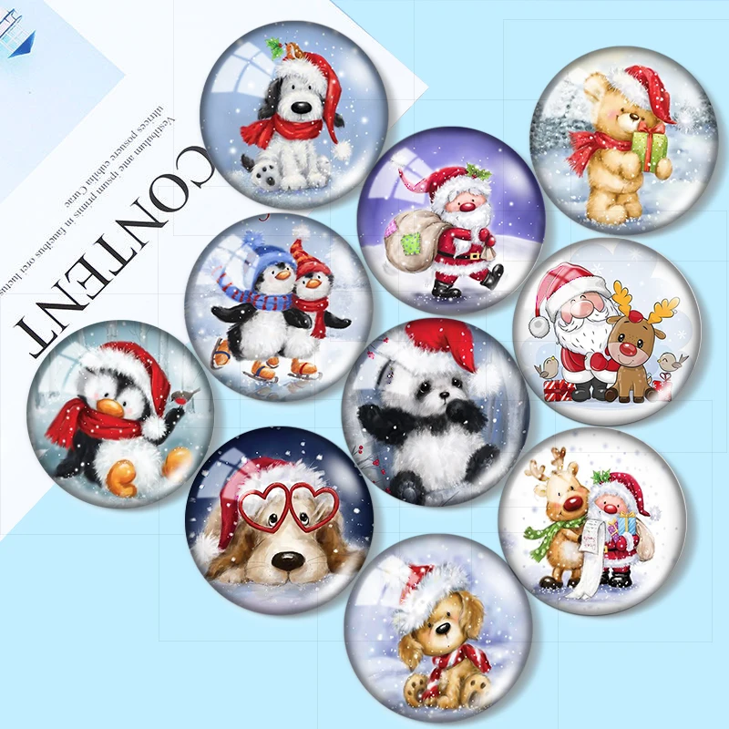 Christmas cute bear dog Penguin Panda Santa Claus 10pcs 12mm/16mm/25mm Round Photo Glass Cabochon Demo Flat Back Making findings