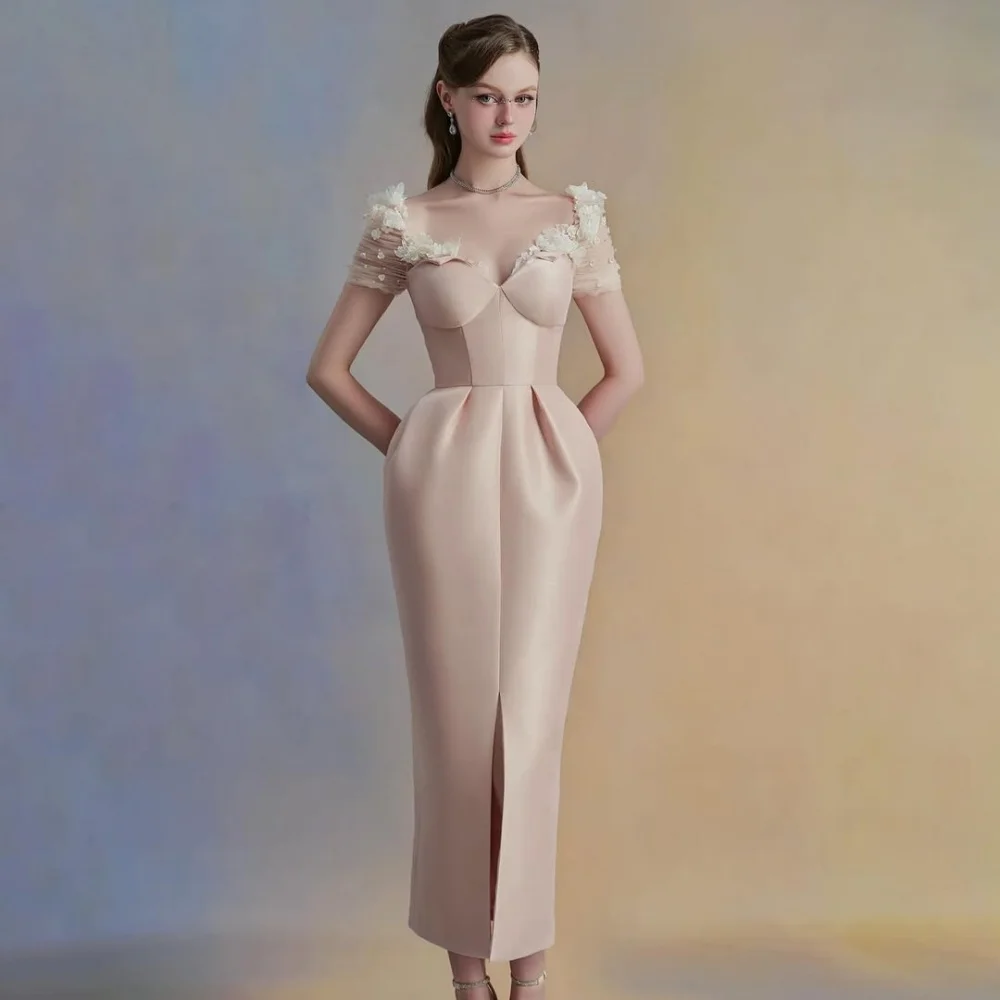 

Customized High Quality Retro Charmeuse Handmade Flower Straight Off-the-shoulder Ankle Length Dresses Bespoke Occasion Dresses