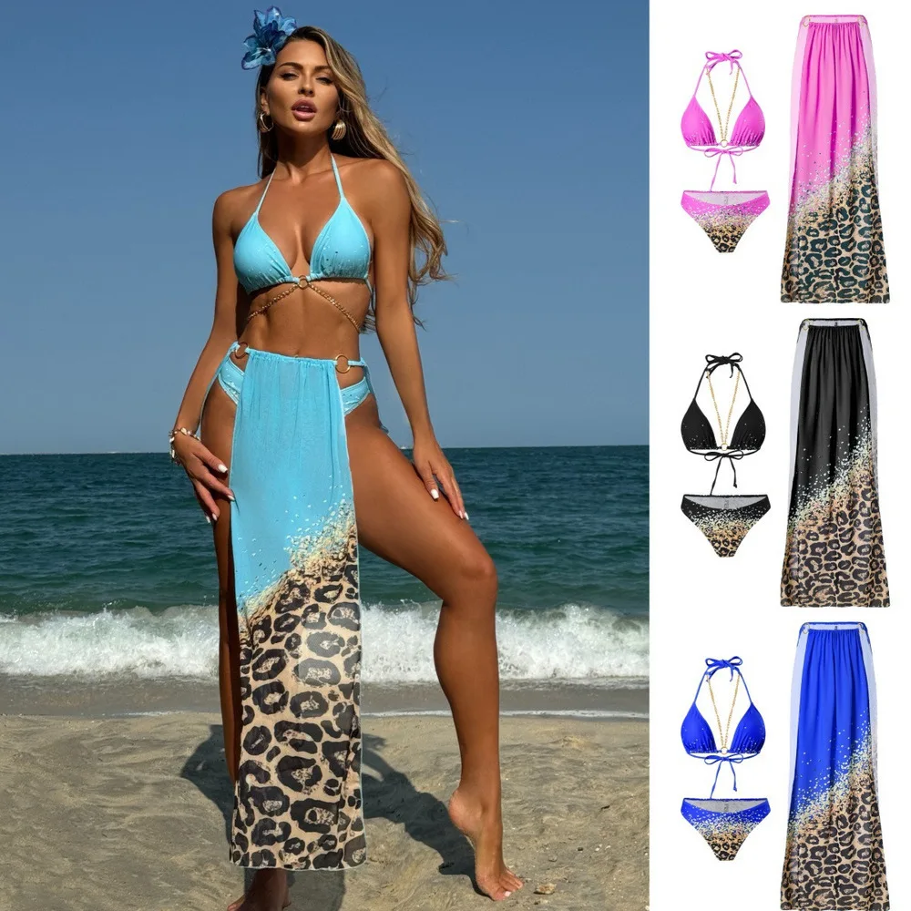 

Trendy 2025 Sexy Floral Print Bikini Set 3 Piece Chain Detail Swimwear with Tie Side Multi Color Options for Women