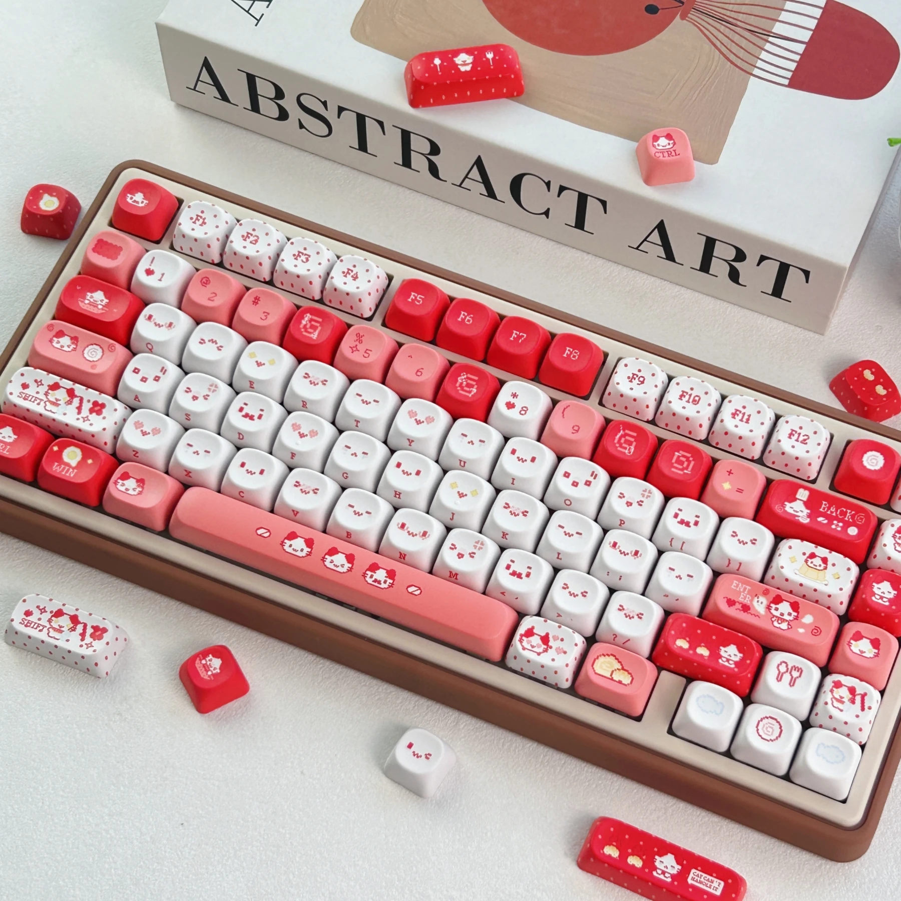 MAIMOOO Red Cute Pixel Kitten Keycaps MOA Profile PBT Dye Sub Cotton Candy Cat Keycaps for Mechanical Keyboard Korean Russian