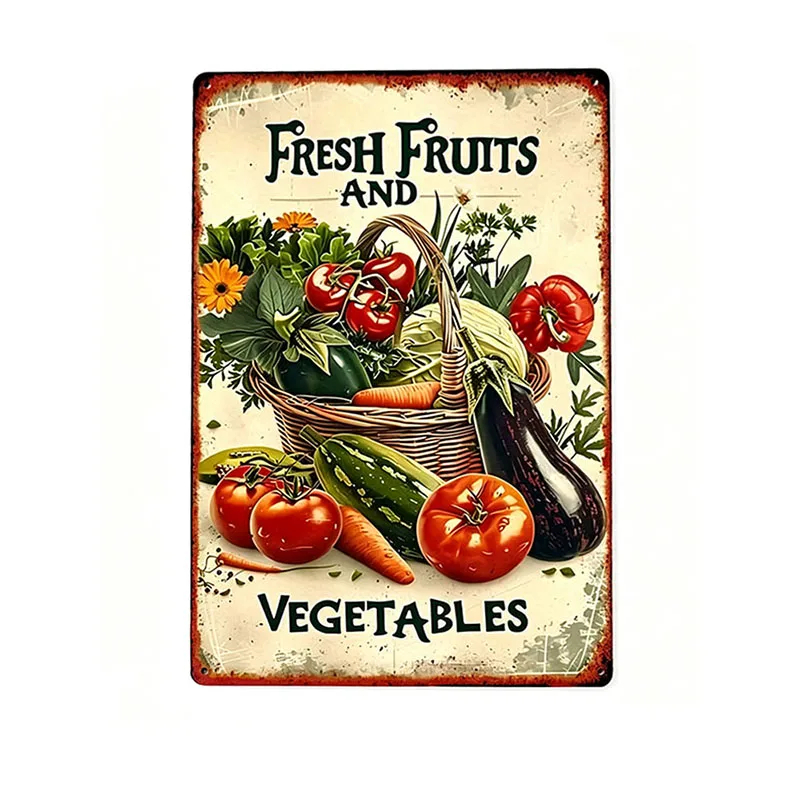 Rustic Fresh Produce Metal Tin Sign | Vintage Fruit & Vegetable Wall Decor | Retro 2D Farmhouse Kitchen Art Plaque for Cafe & Ho