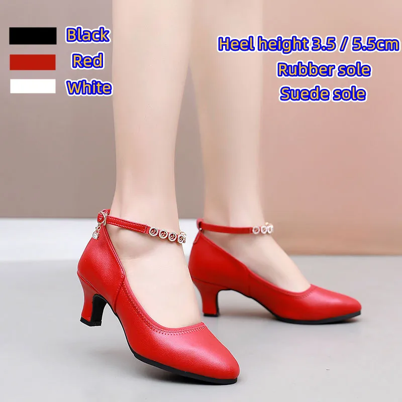 Women Social Party Dance Shoes Leather Rhinestones Closed Toe Morder Latin Dance Shoes Red Ballroom Tango Salsa Dance Shoes