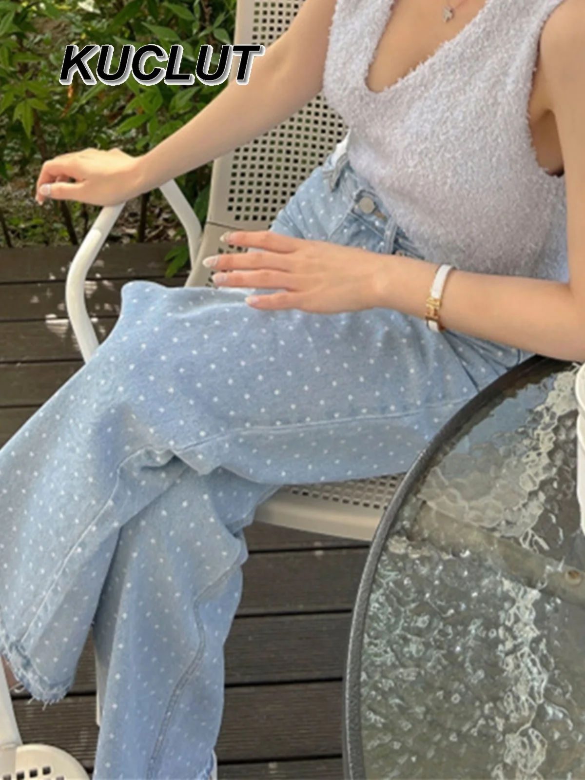 Koreanischen Stil Spribng Herbst Damen Denim Hosen Retro Vielseitig Hohe Taille Dünne Kontrast Polka Dot Breite Bein Jeans für Frauen