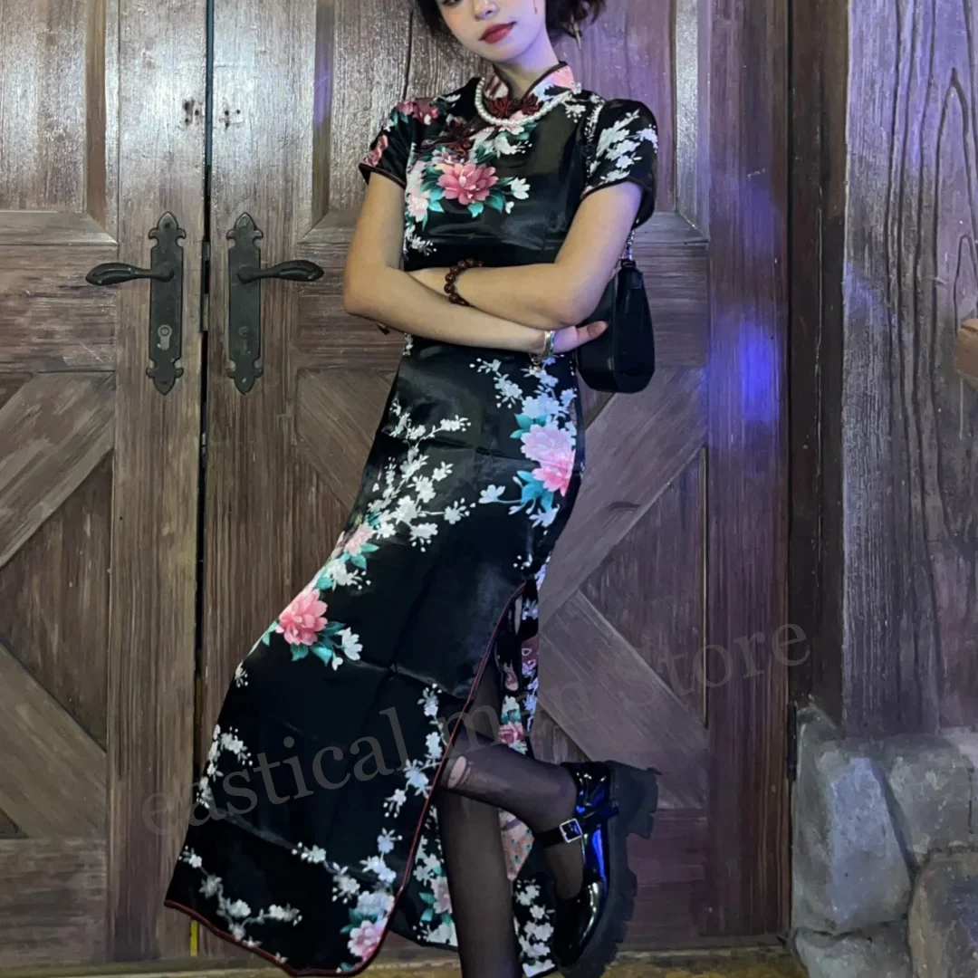 Long Elegant Cheongsam Plus Size 3Xl 4Xl 5Xl 6Xl Qipao Women Satin Print Flower Chinese Style Dresses Summer New Vestidos