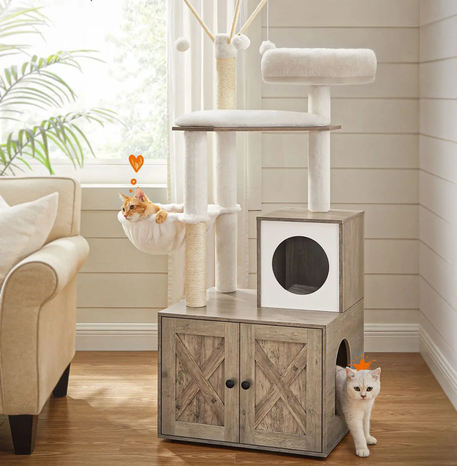 FEANDREA Kratzbaum mit Katzenklo-Schrank, 2-in-1 Katzenbaum, Schrank für Katzentoilette, mit Sisalstämmen, greige