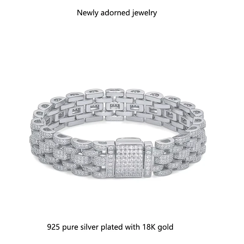 

A 925 sterling silver hiphop Cuban chain bracelet, 11mm wide, fully set with moissanite stones, perfect as an American-European