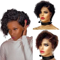 Peruca Curta Curly Bob para Mulheres, Pixie Cut, Perucas de Cabelo Humano, Lace Front 13x1, Transparente, Onda Profunda, Linha Fina Pré-arrancada