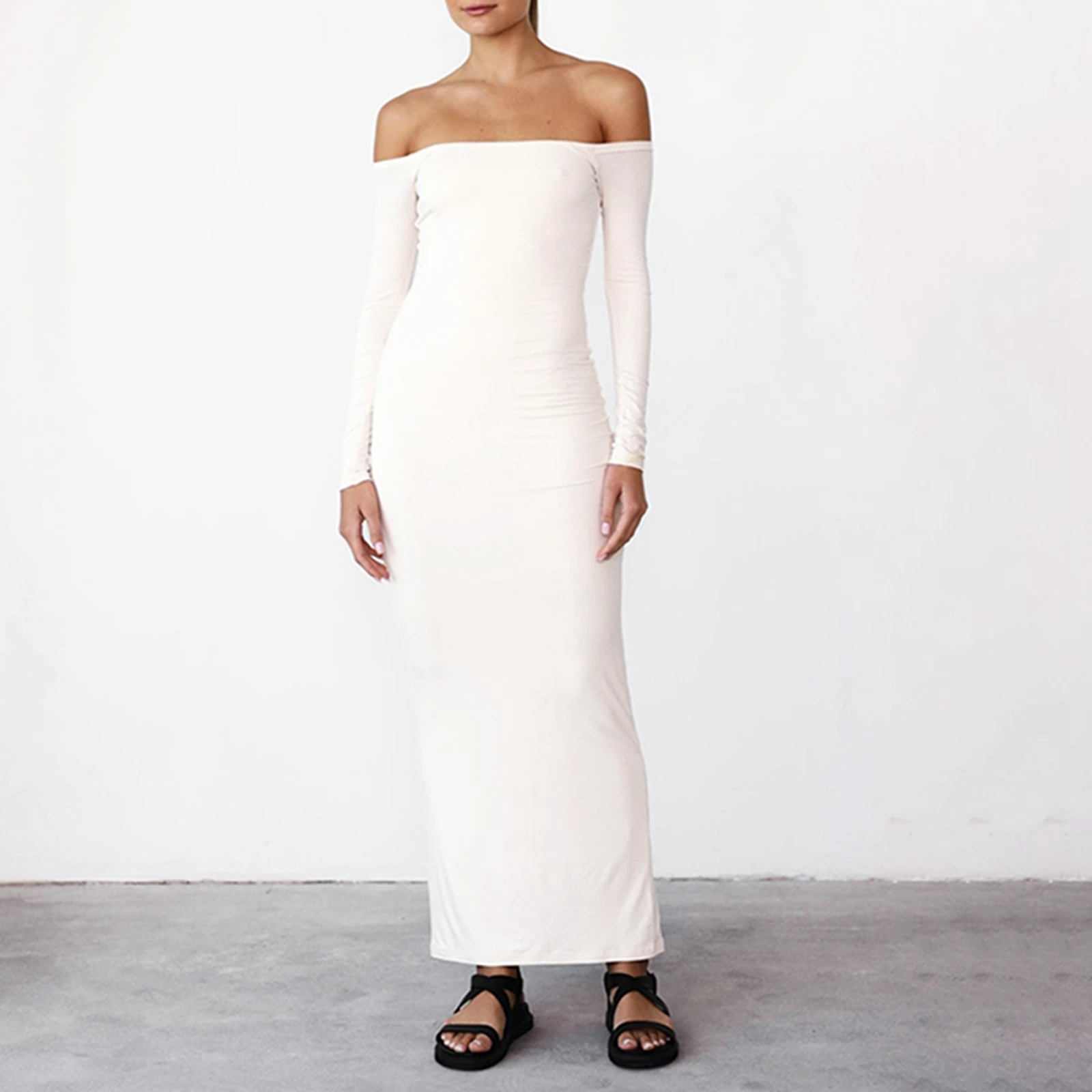 

Women Off The Shoulder Long Sleeve Maxi Dress Sexy Tight Flare Lounge Dress Bodycon Wrap Long Party Dress