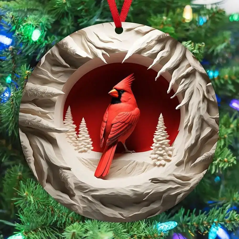 Christmas Decorations Acrylic Car Pendant Holy Flat Pendant Christmas Tree Decorations Hanging Disk Red Bird