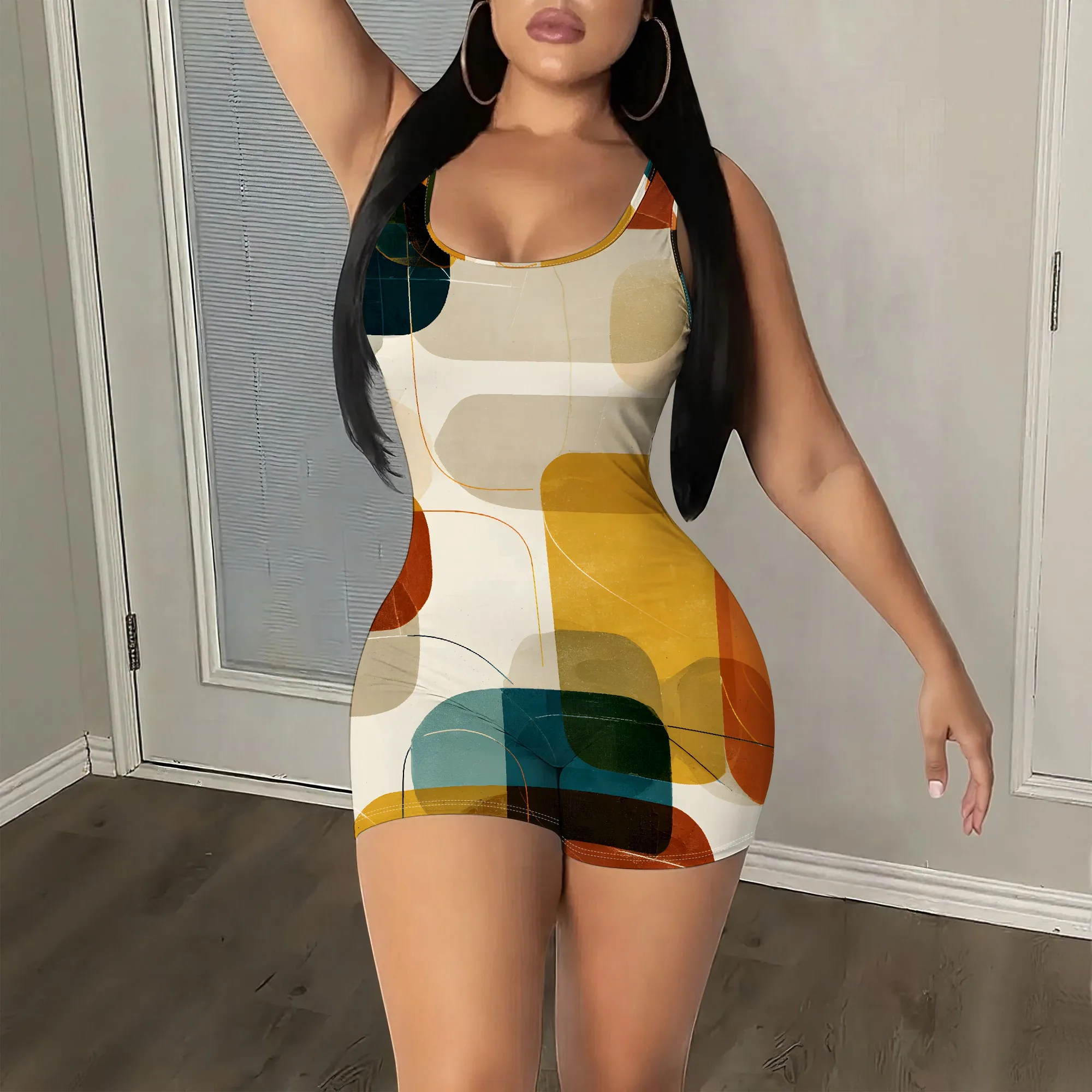 Retro Geometric Print Romper, Abstract Art Jumpsuit, Vintage Style Playsuit, Sleeveless Bodysuit for Party Club Beach, S-2XL