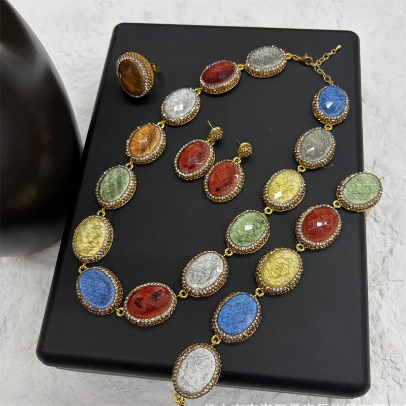 Women's Multicolor Stone Jewelry Set Vintage Crystal Ring Bracelet Necklace Earrings Statement Party Accessory Christmas Gift