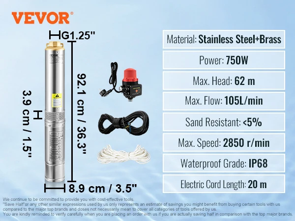 SucceBuy Diepe Goed Dompelpomp Rvs Waterpomp 370 W/550 W/750 W/1100 W Grote Debiet Hoge Hoofd Lift Waterpomp