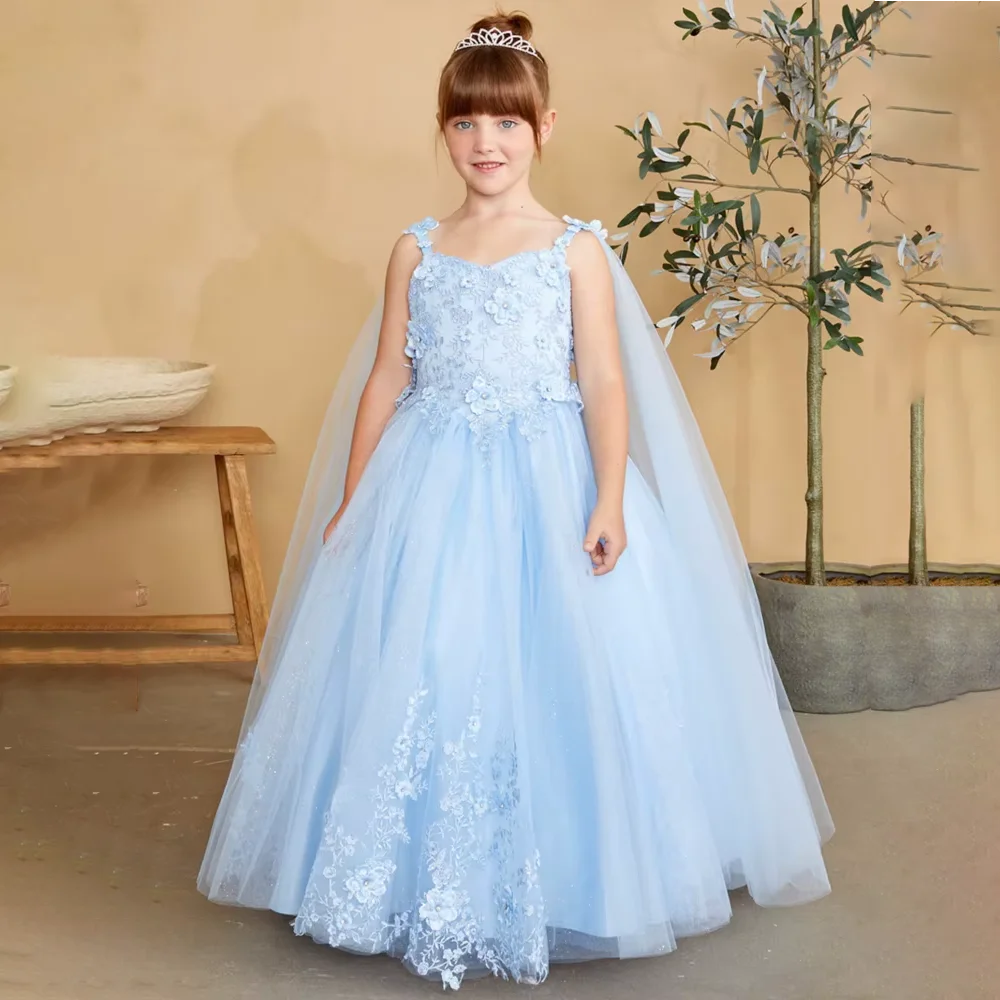 Customized Sky Blue Flower Girl Dresses Tulle Flowers Appliques With Shawl Sleeveless For Wedding Birthday Party Banquet Gowns