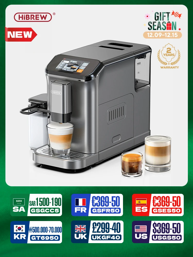 HiBREW Fully Automatic Espresso Machine Cappuccino Milk System 6 Coffee Varieties Intuitive Touch Display With Grinder H16