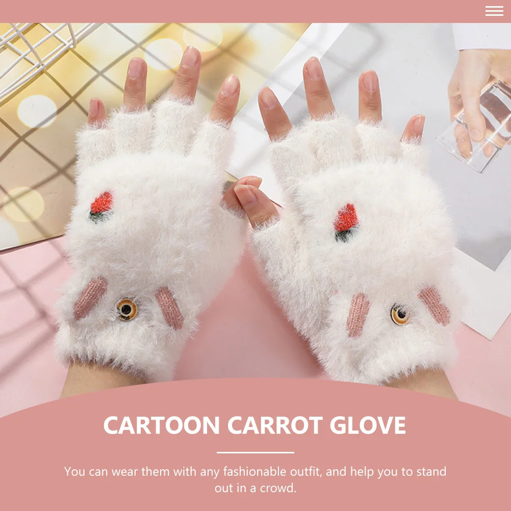 1Pair Kids Winter Gloves Cartoon Carrot Thickened Fingerless Half Finger Warm Keeping Gloves Cartoon Carrot Glove