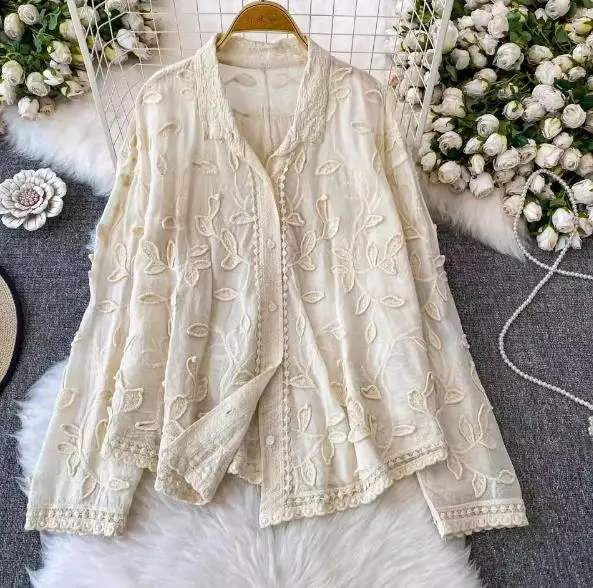 

Summer Korean Fashion Women Blouse 3D Heavy Embroidery Button Up Shirt