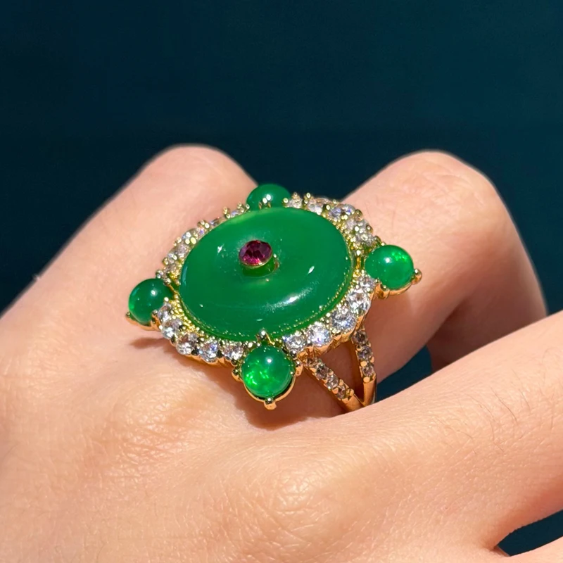 

Vintage Green Ring Jade For Woman Glass Round Elegant Gold Color Rhinestone Luxury Jewelry Quality Mother Gift Christmas 2026
