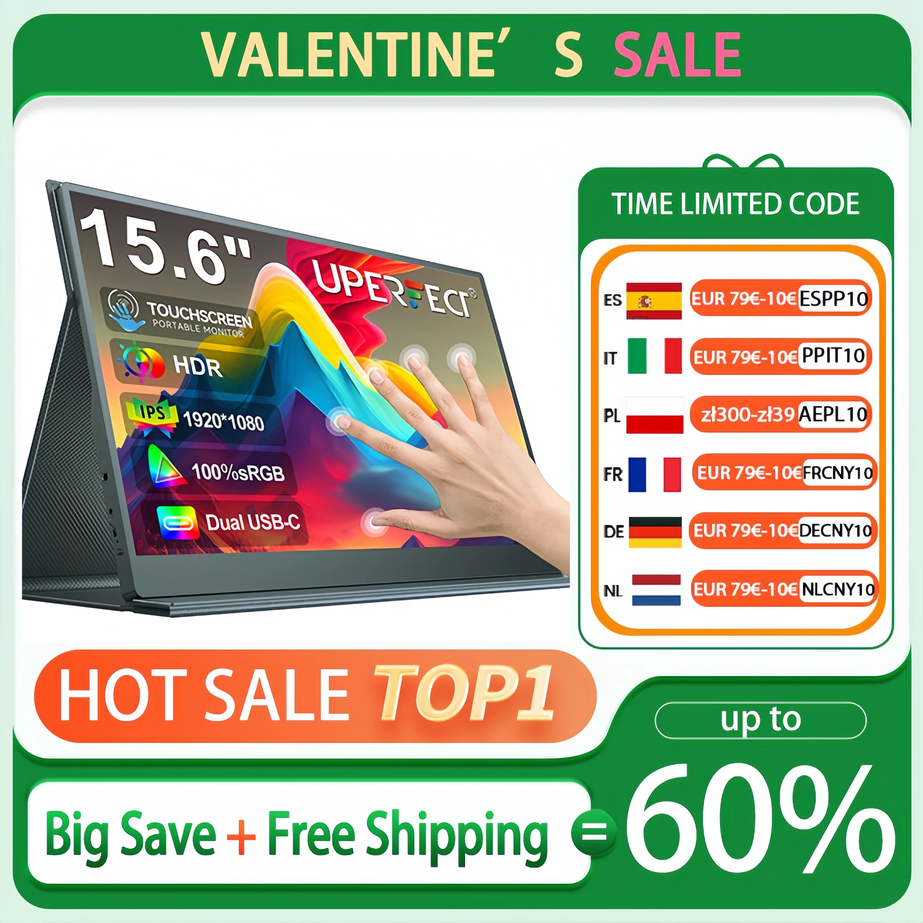 Uperfect 15,6 pouces tactile portable moniteur Gaming 1920 * 1080p 300cd / m2 Extended PC moniteur soins oculaires USB type - C pour TV ordinateur portable tablette deuxième écran Xbox PS4 / 5